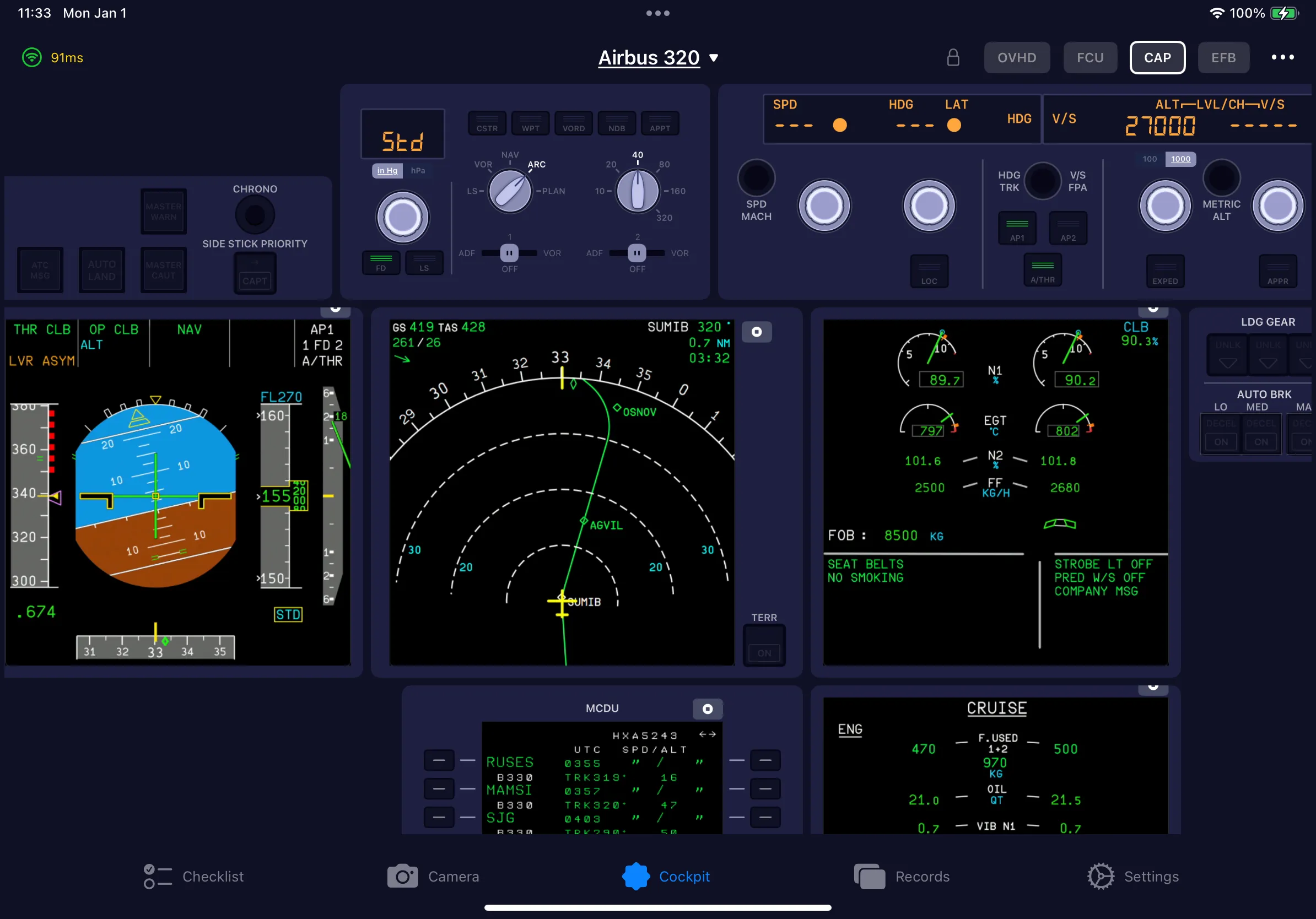 Fenix A320 cockpit panel shown in SimFly Pad