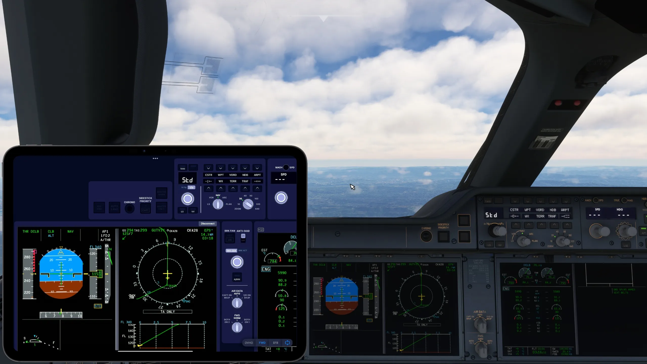 iniBuilds A350 cockpit panel shown in SimFly Pad