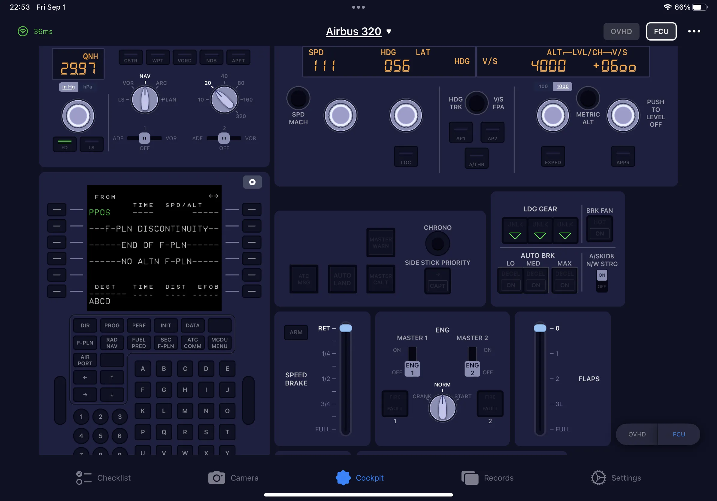 SimFly Pad Airbus A320 panel — FCU with amber readouts and MCDU on an iPad