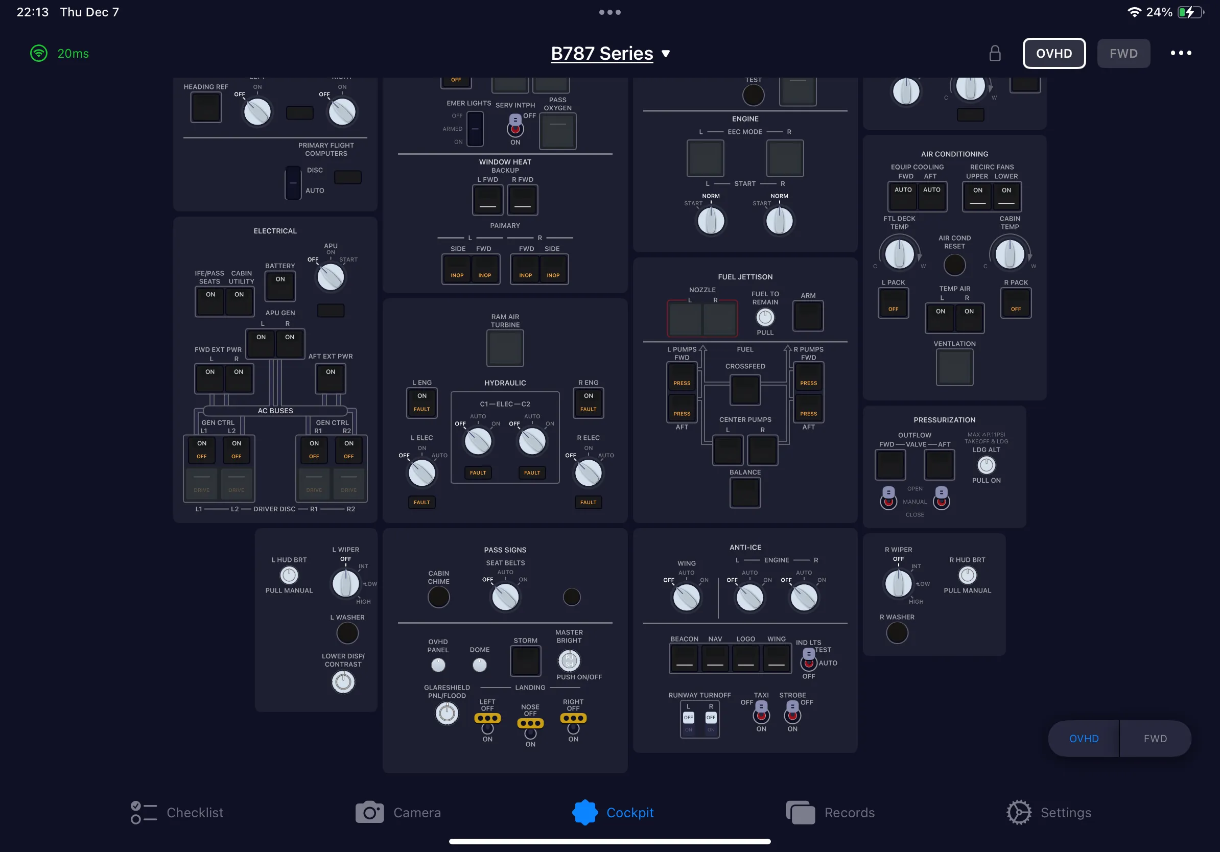 SimFly Pad Boeing 787 overhead panel on an iPad — electrical, fuel, hydraulics and lighting controls