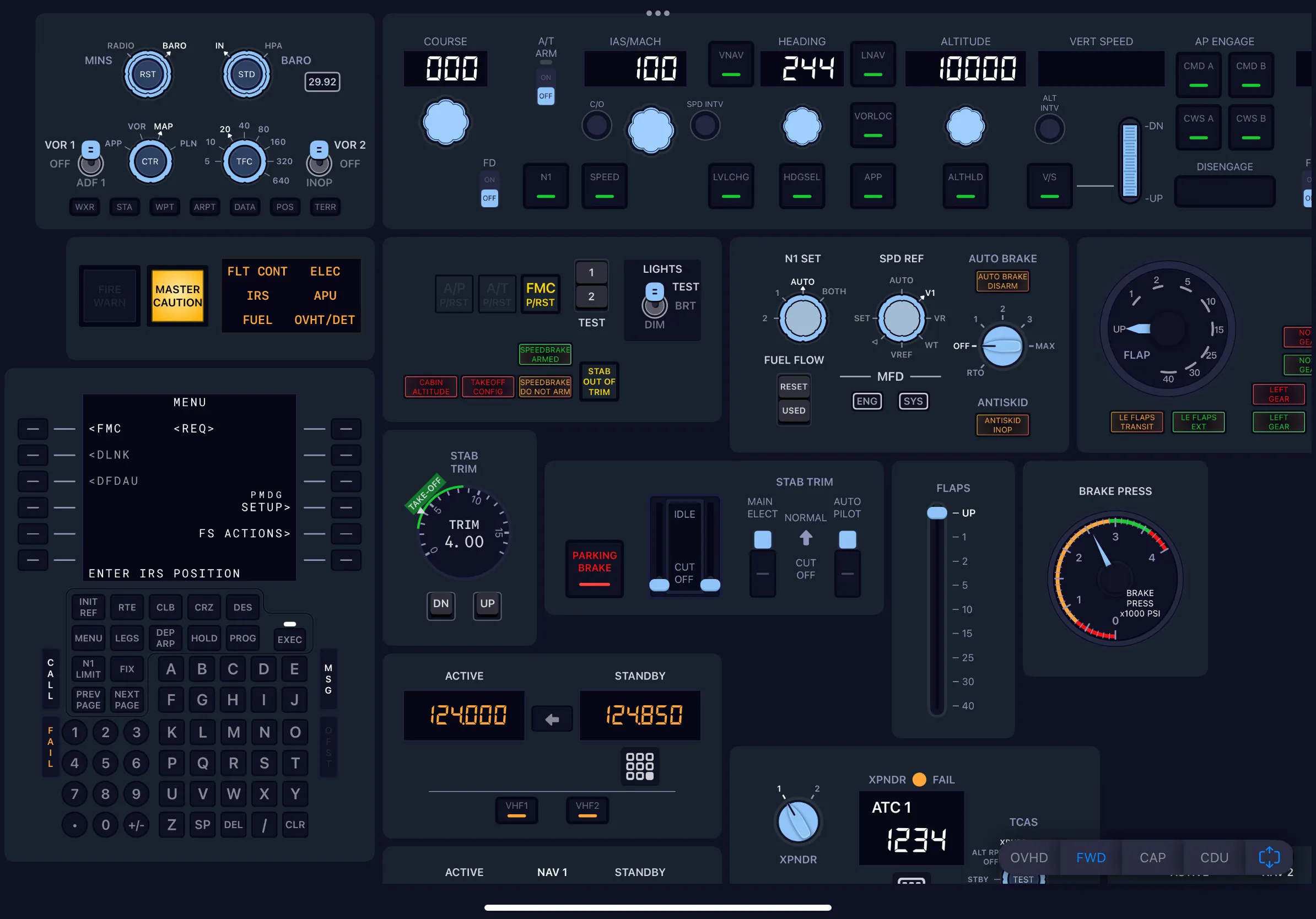 SimFly Pad Cockpit Controls — Boeing 737 MCP, FMC and panels on an iPad