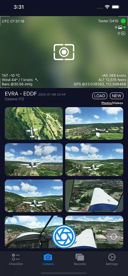 SimFly Pad camera view — photos and videos captured during a flight, with live position and altitude data