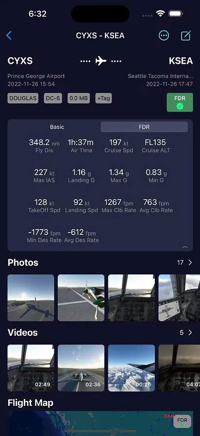 SimFly Pad flight details on iPhone — FDR statistics, photos and videos for a flight