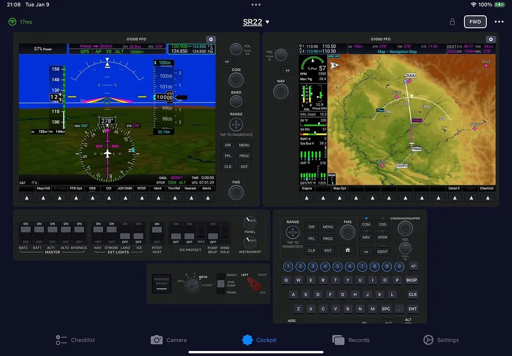 SimFly Pad free SR22 panel — G1000 PFD and MFD with engine and lighting controls on an iPad