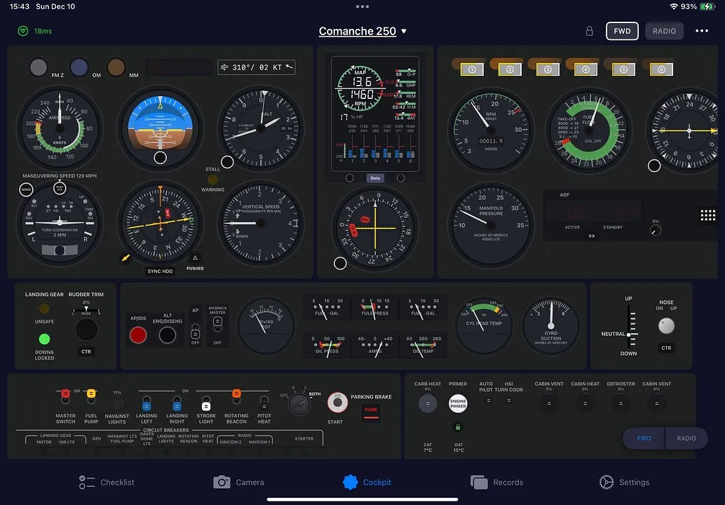 SimFly Pad PA24 Comanche 250 analog gauge panel on an iPad
