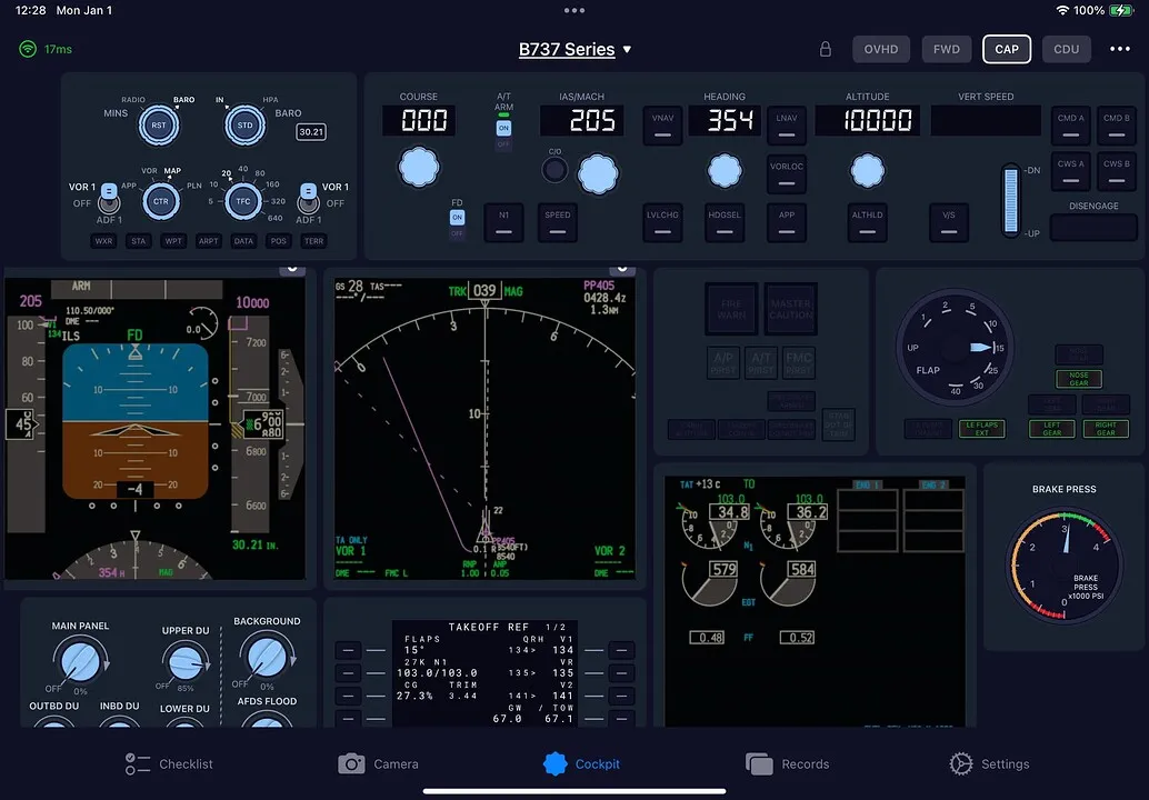 SimFly Pad Boeing 737 panel and streamed displays on an iPad