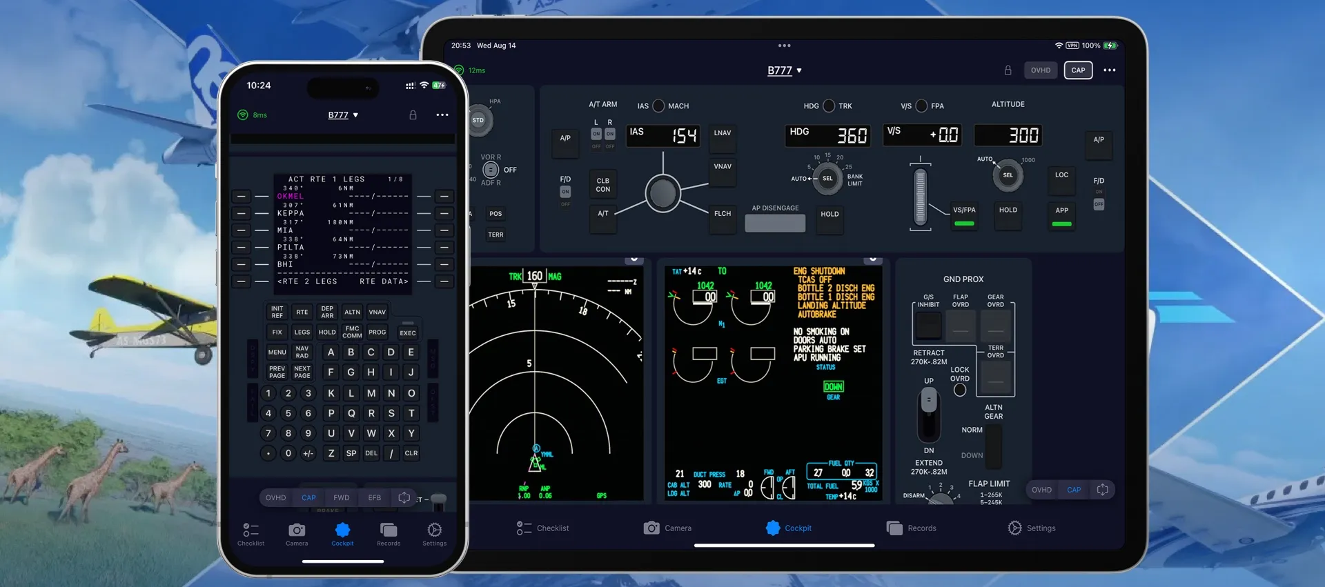 SimFly Pad controlling a B777 — autopilot and gear panels on an iPad, CDU on an iPhone