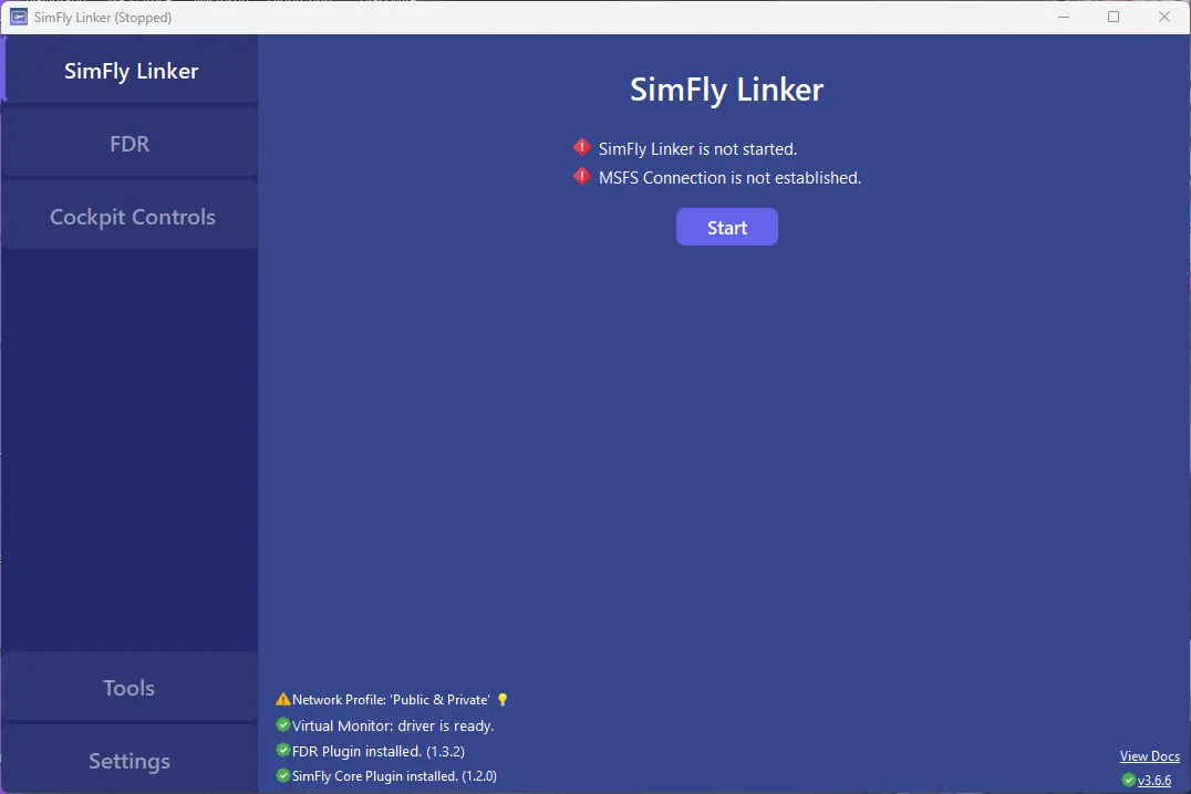 SimFly Linker desktop app on Windows showing connection status and installed plugins